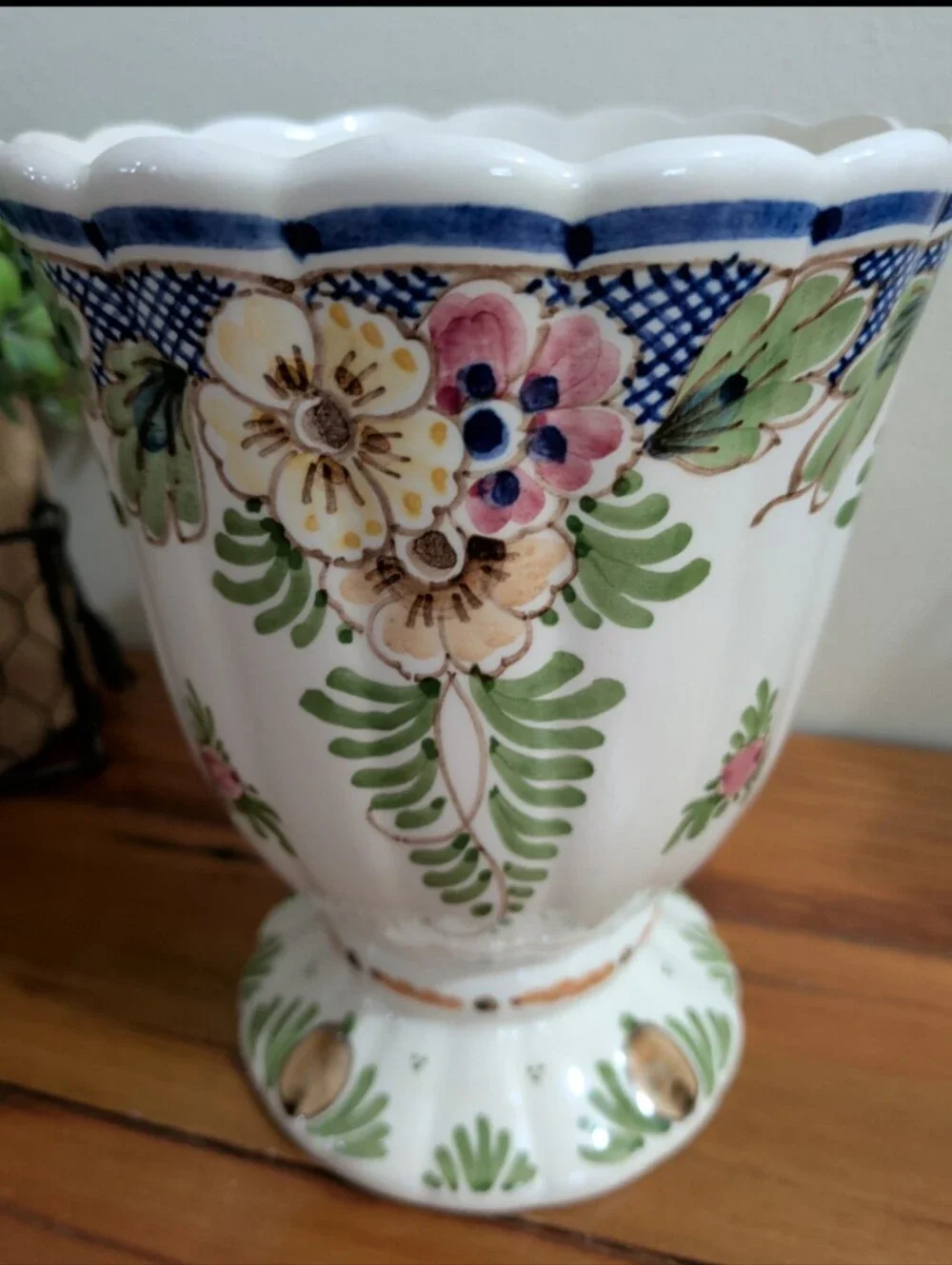 Vintage Delft Floral Print Hand Painted Scalloped Edge Porcelain Vase